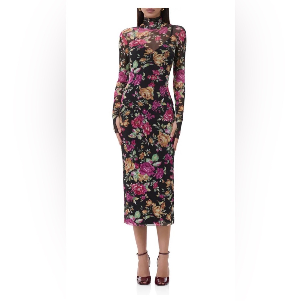 AFRM Shailene Turtleneck Long Sleeve Mesh Midi Dress Size XS
